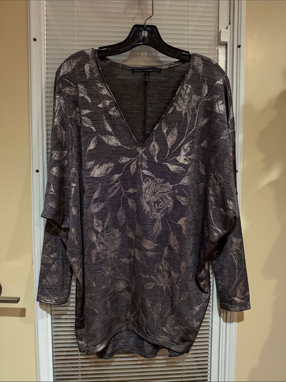 White House Black Market Charcoal Floral V-Neck Tunic